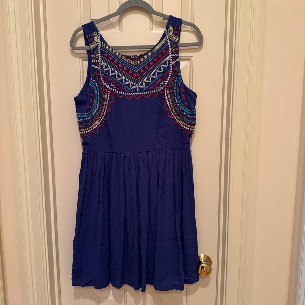 Xhilaration Mini Dress Womens Large Blue Embroidered Boho Sleeveless Festival